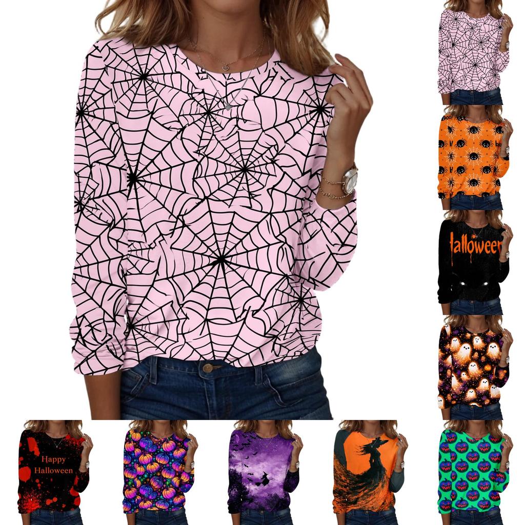 Women's Casual Long Sleeve Crew Neck Sweatshirt Halloween Print Pullover Top Lightweight Comfortable Fit for Everyday Wear