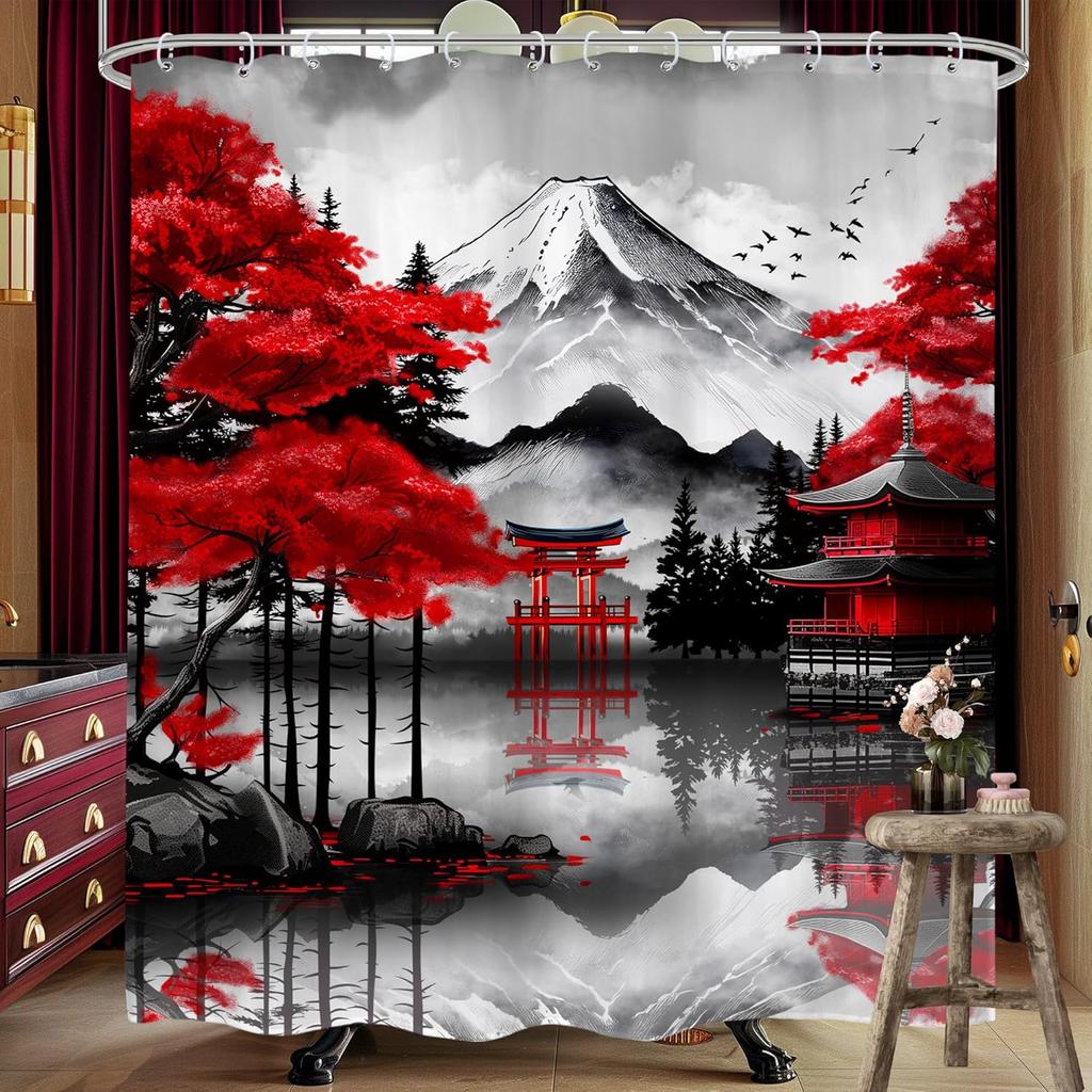 Japanese Cherry Blossom Shower Curtain Watercolor Black Red Floral Asian Chinese Mountain Sun Anime Fabric Waterproof