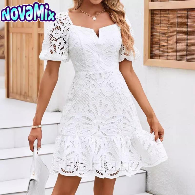 NovaMix Moda damska Lato Wiosna Jednolity kolor Drukuj Casual Sukienki z krótkim rękawem i dekoltem w kształcie litery V
