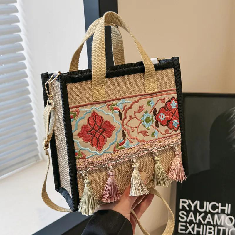 WTEMPO Ethnic Style Casual Versatile Hemp Strap Bags Women's Zipper Crossbody Bags Tassel Singer Shoulder Bags