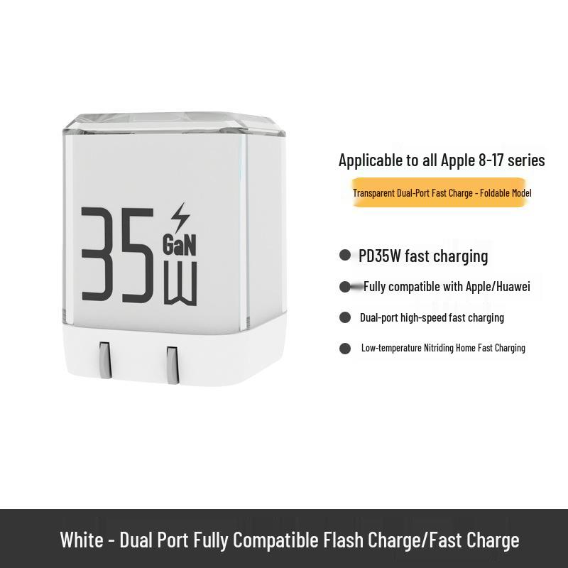35W Gallium Nitride Foldable Dual Port Charger for iPhone 16: Compact Ice Cube Design