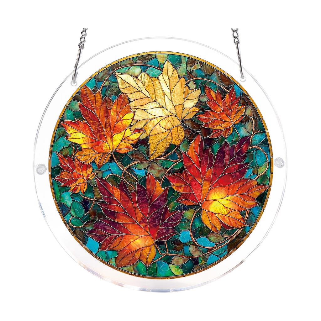 Acrylic Suncatcher Window Hanging Decoration 2D Round Shape with Leaf Pattern Stained Glass Style Home Ornament