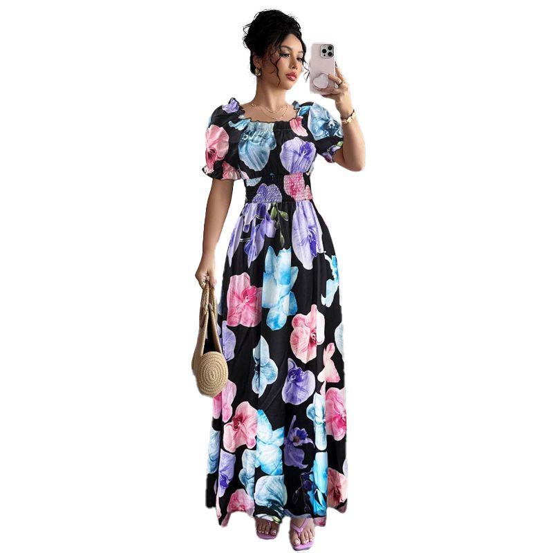 Summer Fashion New Arrival Puff Sleeves High Waist Tight Waist Women's Printed Wear Large Swing Sling Dress