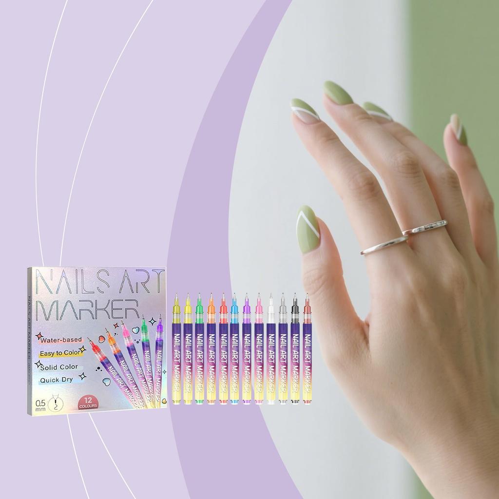 12 Colors Nail Art Marker Pen Set 0.5mm Ultra Fine Water-Based Quick Dry DIY Nail Graffiti Drawing Line Manicure Decoration Tool