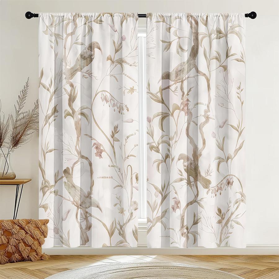 2pcs  Flowers   birds   branches   leaves   curtains   fresh rural style   living room   bedroom   pull rod pocket   window decoration
