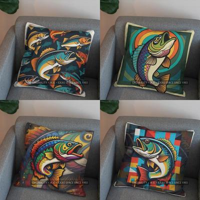 Housse de coussin décorative à motif de poisson coloré 2D Housse de coussin Motif Convient pour canapé chambre à coucher voiture Housse de coussin