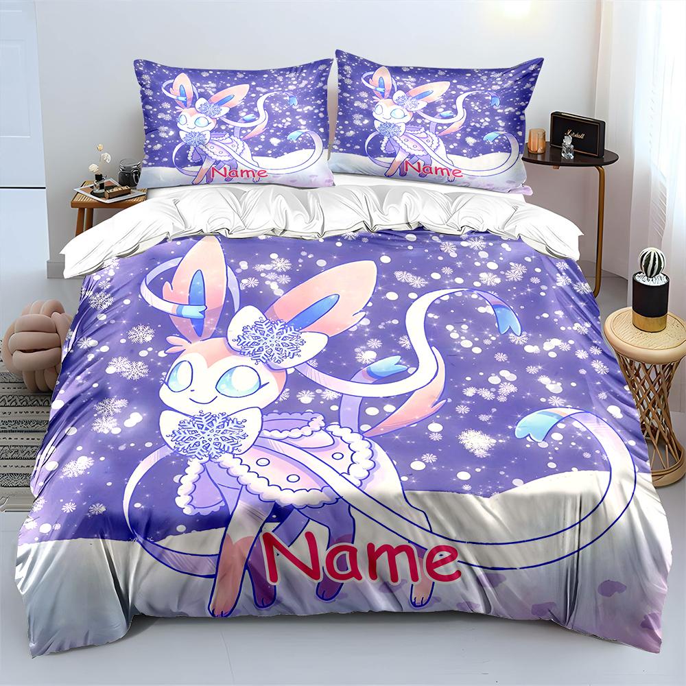 Custom Name Cute Pokemon Sylveon Printed Bedding Set 1 Duvet Cover 2 Pillowcases Boys Girls Children Luxury Gifts Multiple Sizes