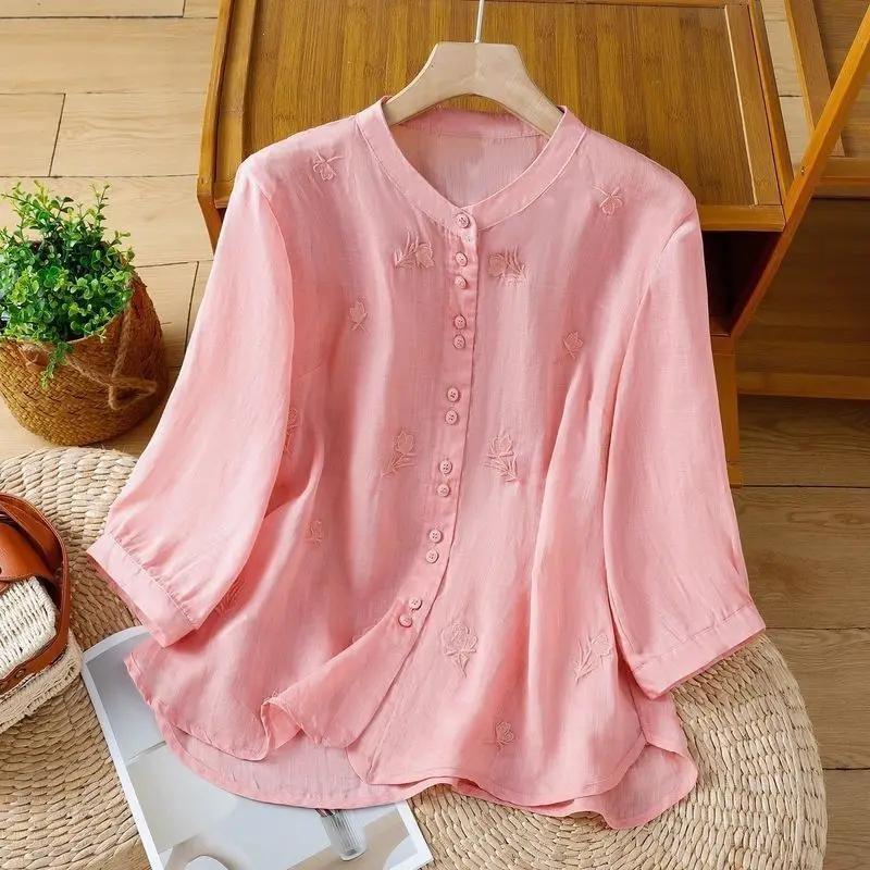 Camicia alla moda, sottile e ampia, a maniche a tre quarti, per donna, con ricami rétro, per l'estate, nuova