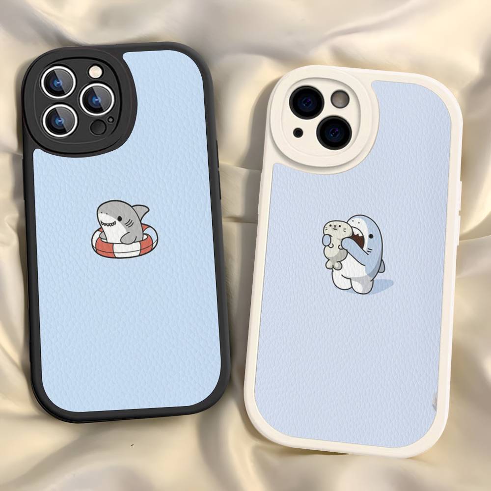 Cute anime Shark Leather Phone Case For iPhone 16 15 14 17 Pro Max 11 12 Mini Plus Soft Shell