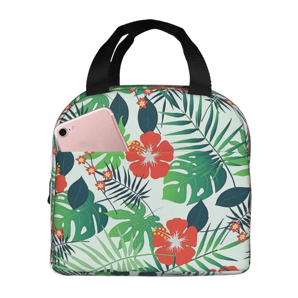 Tropical Green Leaves And Flowers Pattern Insulated Lunch Bag for Women Kids Portable Food Boxes Thermal Lunch Box Tote