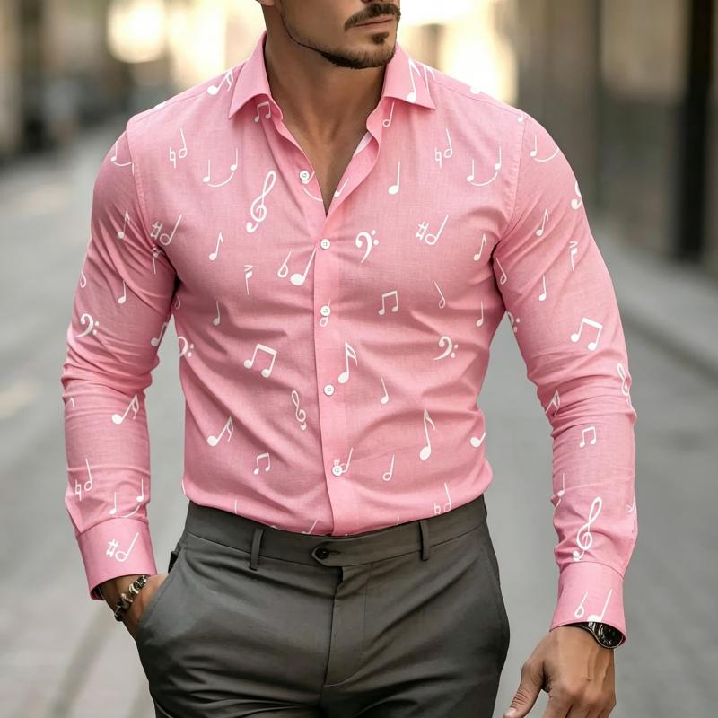 Men's Music Note Print Long Sleeve Shirt Fashion Slim Fit Button Down Casual Blouse Tops
