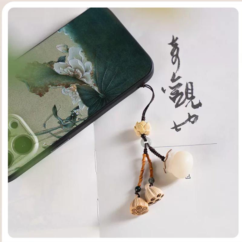 Recommended Boxwood Lotus Seed Bodhi Fortune Bag Car Keychain Mobile Phone Lanyard Short Vintage Pendant Ornament
