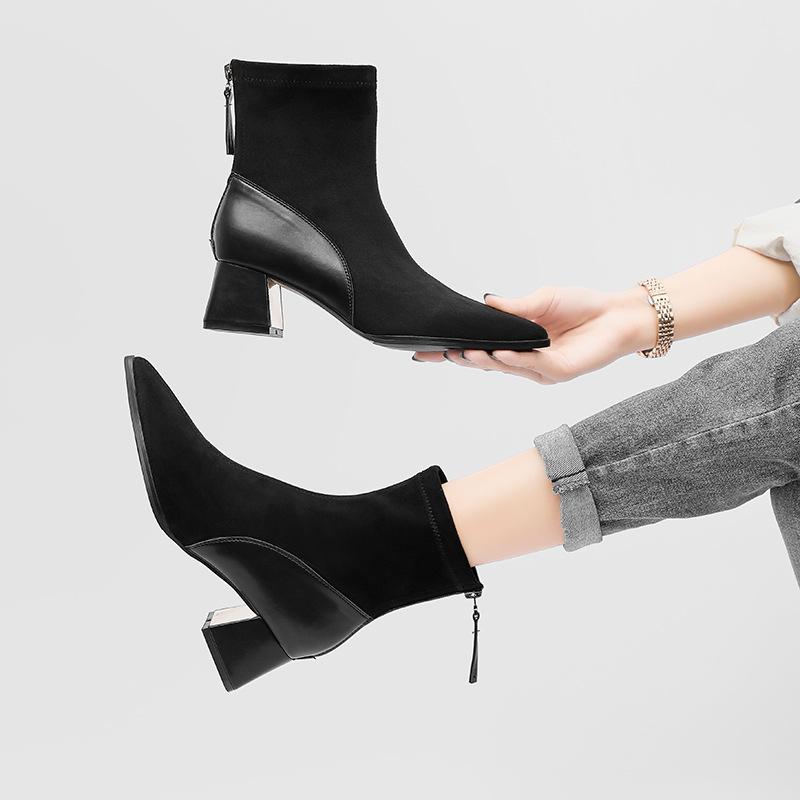 Fashion color matching medium tube thin boots pointed high heel short boots 2024 new thick heel boots women's Korean version single boots