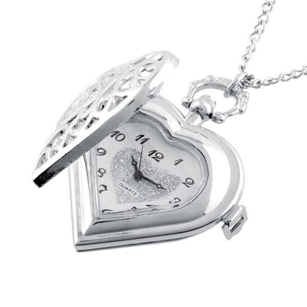 Hollow Heart-Shaped Pocket Watch Necklace Pendant Chain Women