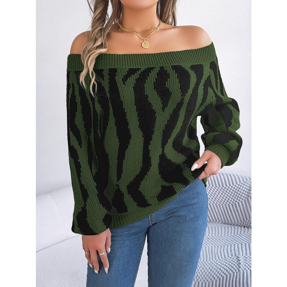 Autumn and Winter Casual Contrasting Color One-line Collar Off-shoulder Lantern Sleeve Sweater