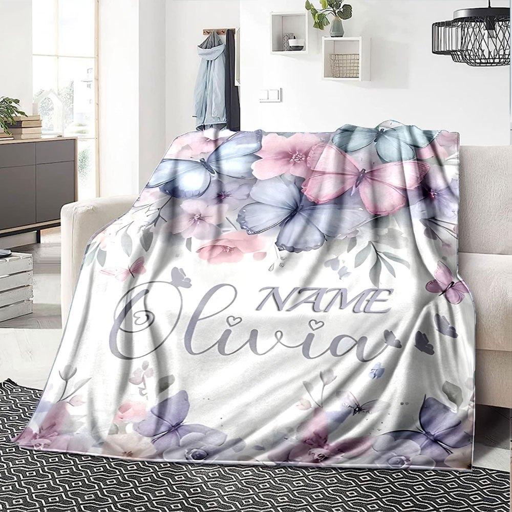 Butterflies And Flowers With The Olivia In Elegant Script Multipurpose Customizable Blanket Personalized Text Comfortable Texture Throw For Sofa Couch