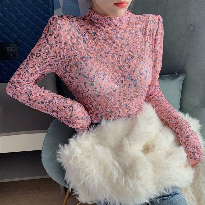Autumn Sexy Perspective Long Sleeve Half High Neck T-shirt Carefully Machine Broken Flower Mesh Lace Bottom Shirt Women's Top
