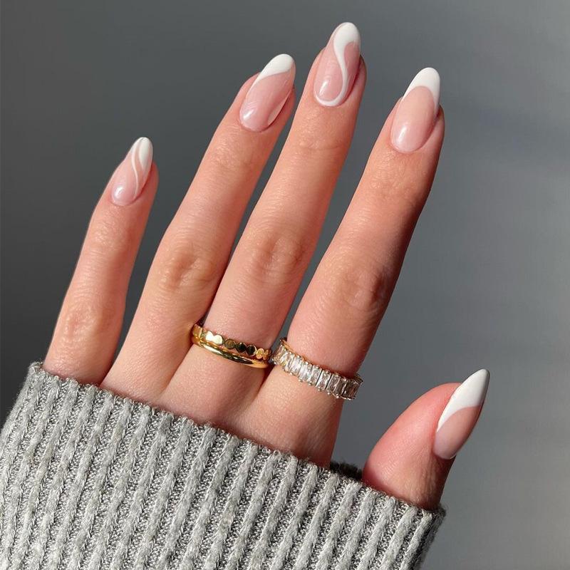 

Medium-Long French White Edge Wearable Nail Stickers - 24 Removable Pieces Glue Set