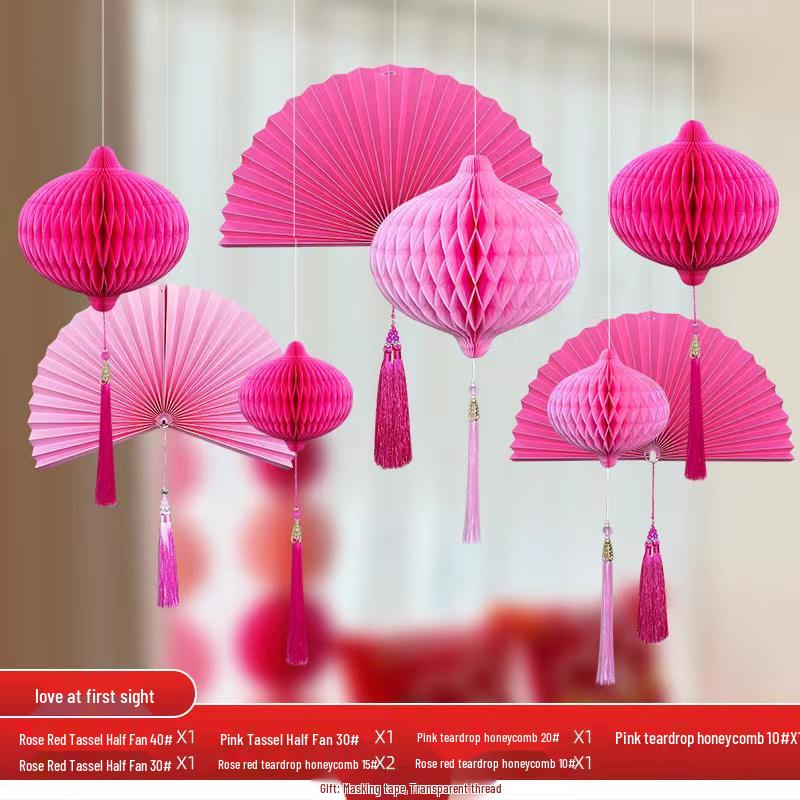 Double Happiness Chinese Wedding Room Decoration Set with Lanterns & Honeycomb Ornaments for Bedroom Photo Props