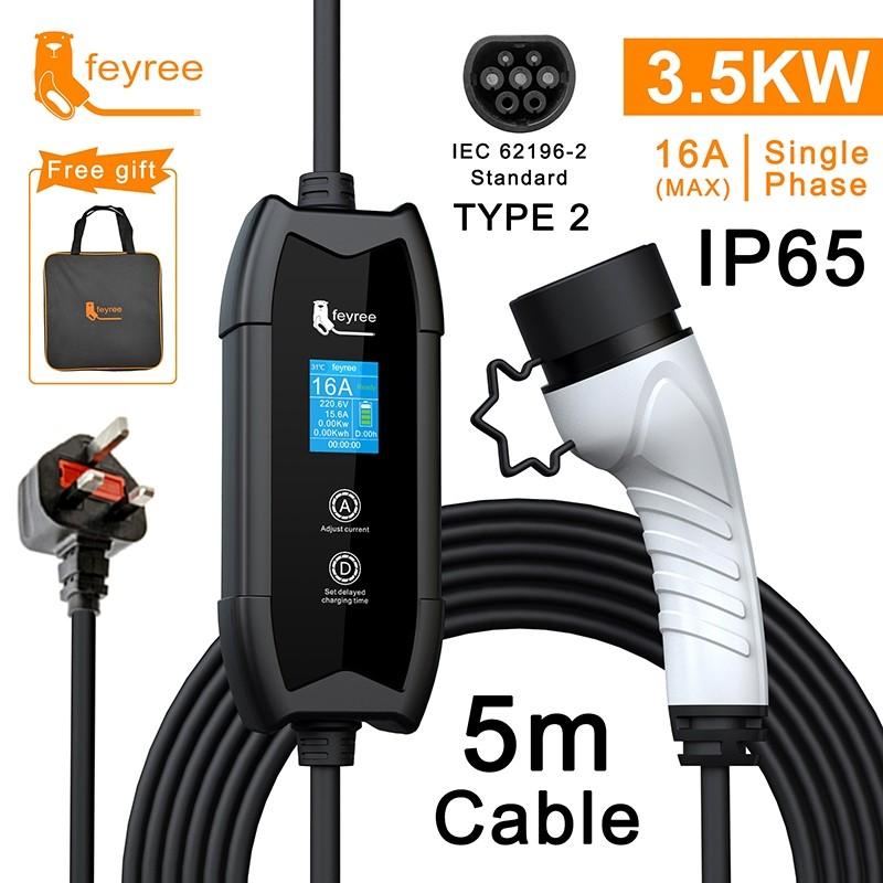 Feyree EV Type2 Portable Charger 16A 3.5KW for Electric Vehicle with Multiple Protections
