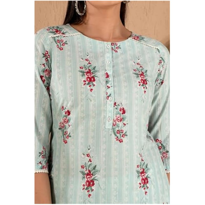 W Women's Light Green Floral Printed Cotton Kurta Dupatta Bottomwear with Lace