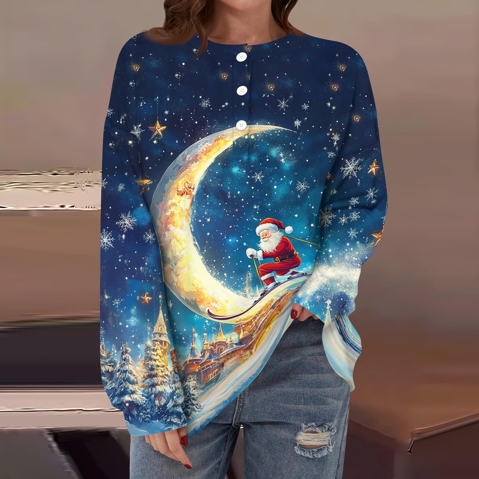 

Женская повседневная свободная толстовка с длинным рукавом, пуговицами и круглым вырезом с рождественским принтом L синий