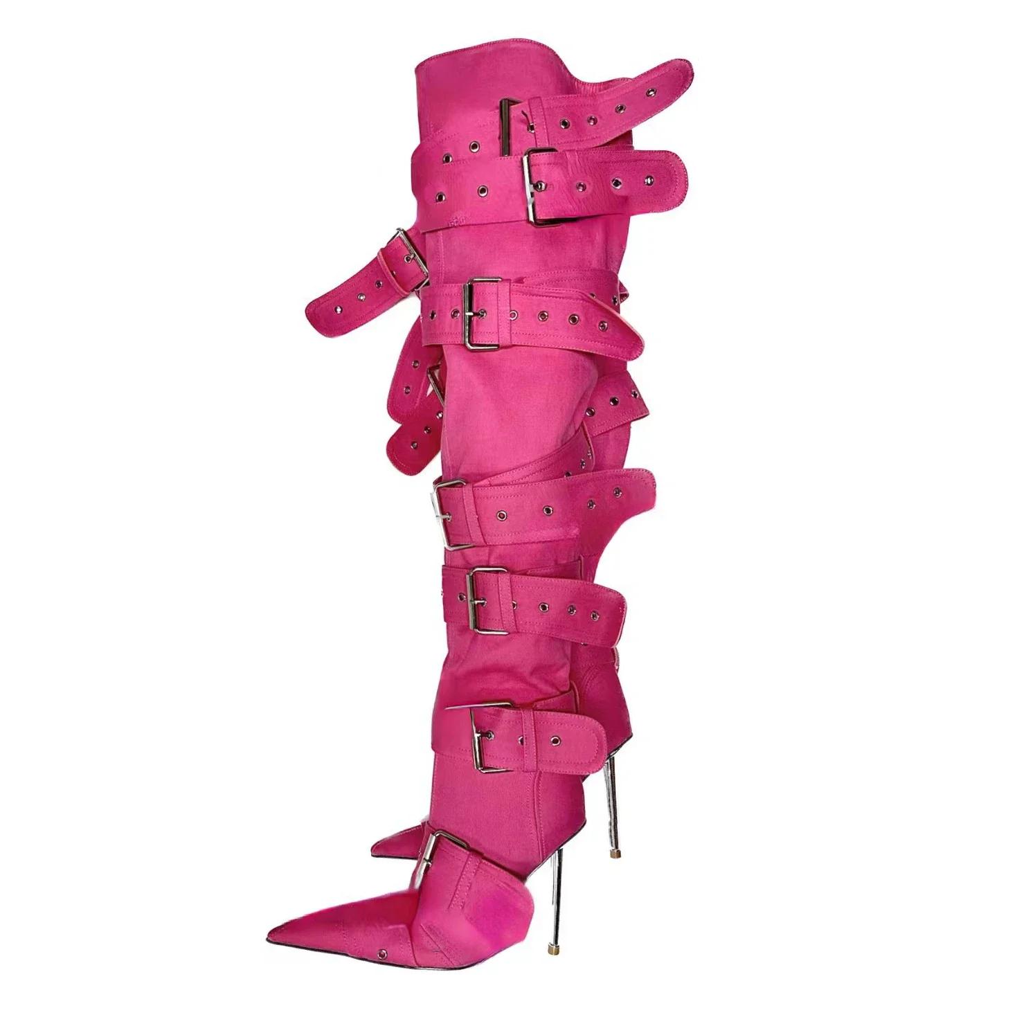 

Модні сині джинсові металеві заклепки пряжка сріблясті ботфорти жіночі сексуальні панк-стиль срібна пряжка на ремені 12 см високі підбори сандалі розмір 34-43 39