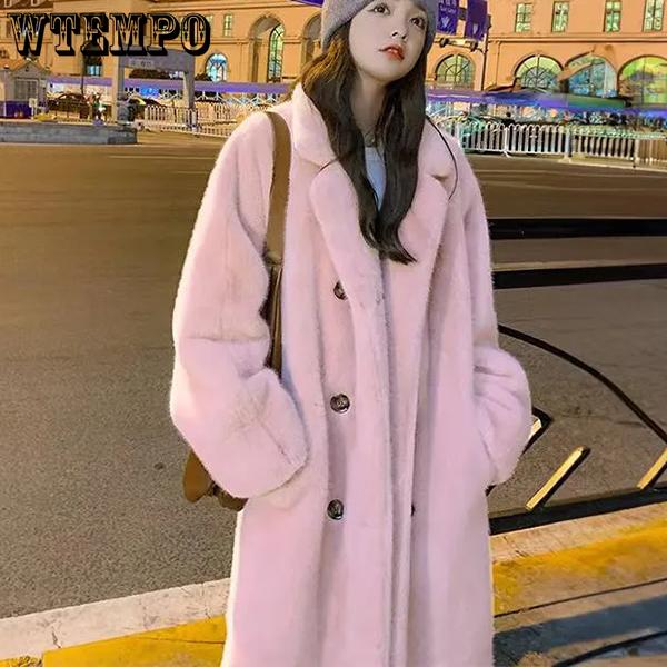 

WTEMPO Свободные однотонные длинные ветровки из искусственного меха, толстые флисовые куртки для женщин, большие размеры, имитация норки, длинные пальто S розовый