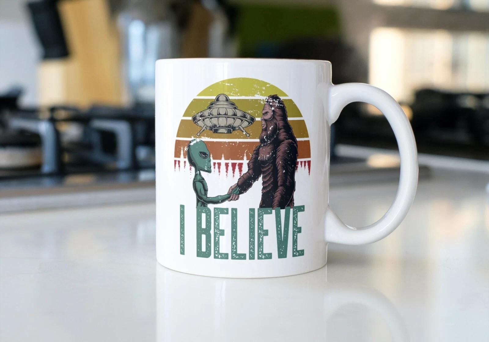 Funny Coffee Bigfoot Alien Mug I believe 11 OZ Cute Sasquatch Gift Cup Unisex T-Shirt XXL