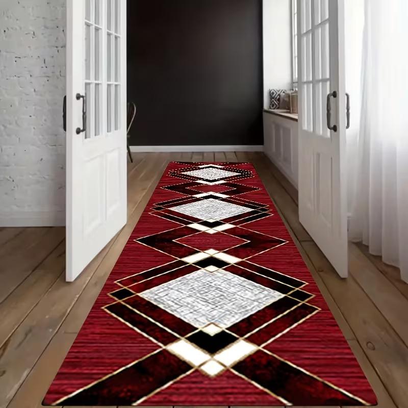 Modern Red Geometric Runner Carpet Black White Diamond Pattern with Gold Border Minimalist Hallway Floor Mat Home Decoration