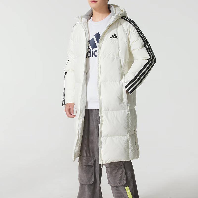adidas 3S L Down Jacket Windproof Water-Repellent Warm Hooded Striped Mid-Length Duck Down Coat Men Jacket White KC2497