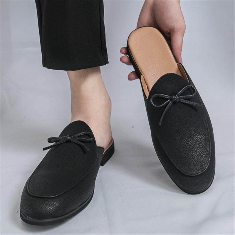 Fashion Designer New Men's Black Bowknot Half Slippers Driving Shoes Casual Pu Leather Mules Moccasins Breathable Loafers Zapatos Hombre
