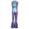 Kids Metallic Shiny Sleeveless Jumpsuit with Print Patchwork and Flared Pants for Boys Disco Halloween Party Outfit