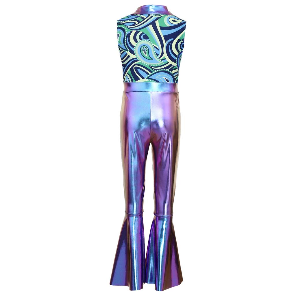 Kids Metallic Shiny Sleeveless Jumpsuit with Print Patchwork and Flared Pants for Boys Disco Halloween Party Outfit