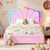 Cama Plataforma Multifuncional Cabeceira Acolchoada com Botões Tecido Fofo Luz LED RGB com Controle Remoto Gavetas de Armazenamento Sob a Cama