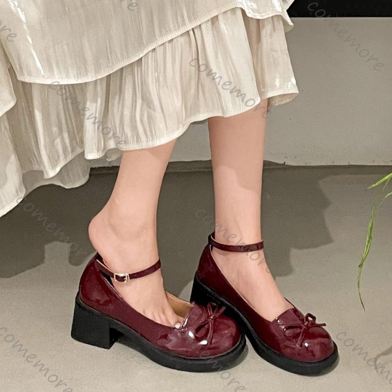Fashion Comemore Red Mary Jane Women Pumps Thick High Heels Shoes Female Lolita Square Toe Shoes Spring Fashion Party Leather Woman Shoe