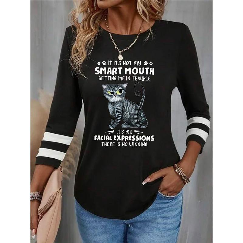 

Women s T shirt Crew Neck Long Sleeve Tunic Cat Letter Funny Round Neck Regular Tops S