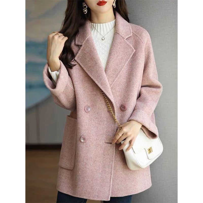 

Woolen Autumn Herringbone Pattern Loose Slim Looking Suit Collar Pink 3XL