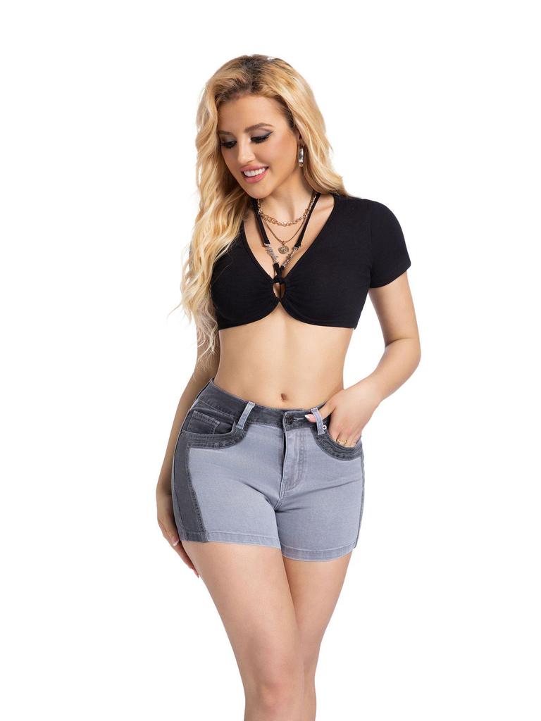 2025 European & American Stretch Fashion Patchwork Denim Hip-lifting Shorts for Women