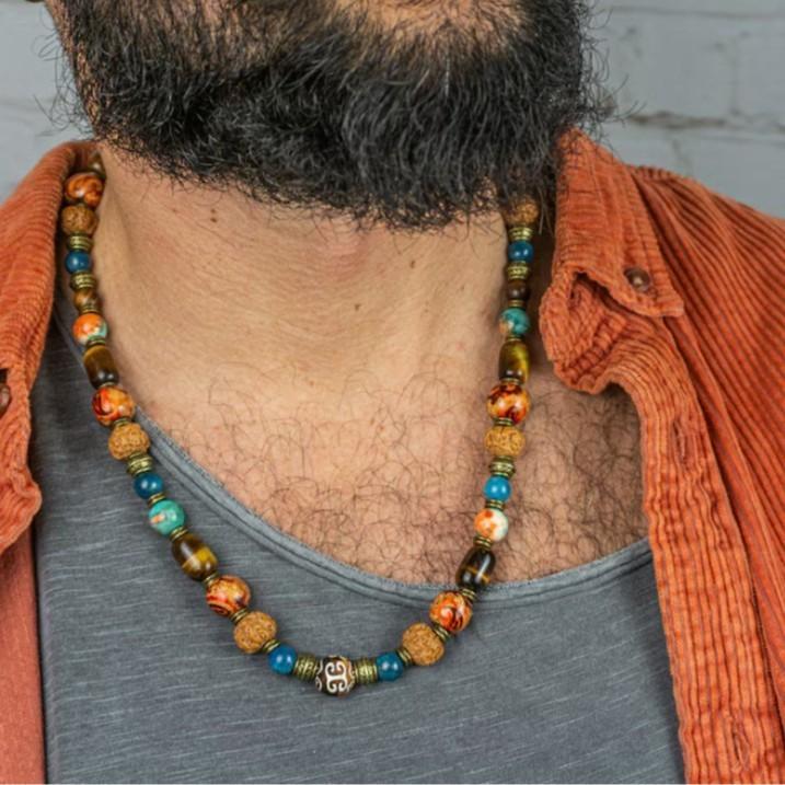 Vintage Tiger Eye Beaded Necklace For Men Geometric Style Ethnic Fashion Accessory