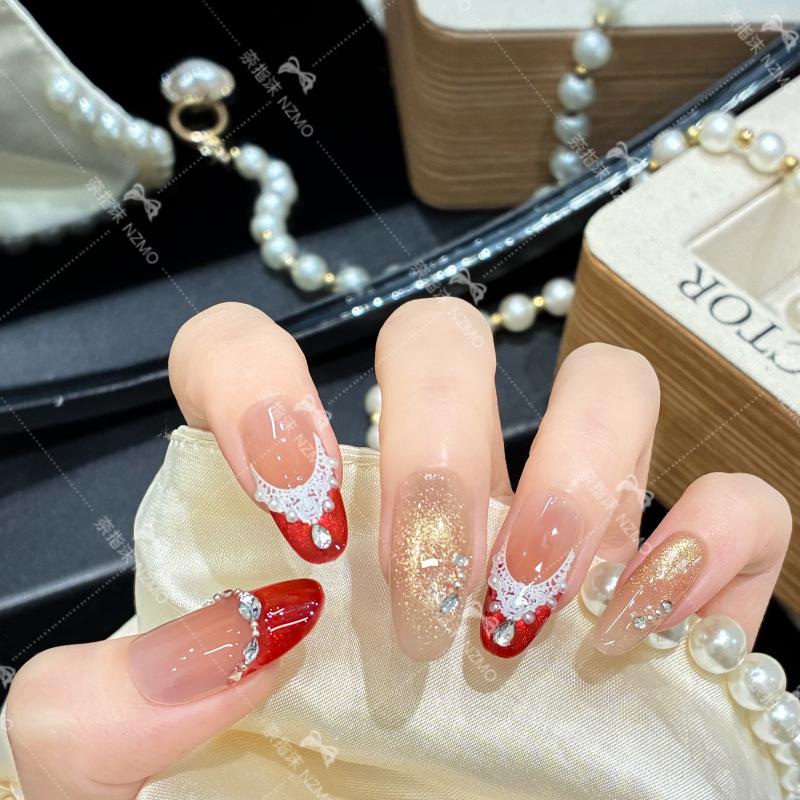 Y77 Red French Show-off Super Sparkle Cat Eye Handmade Nail Art