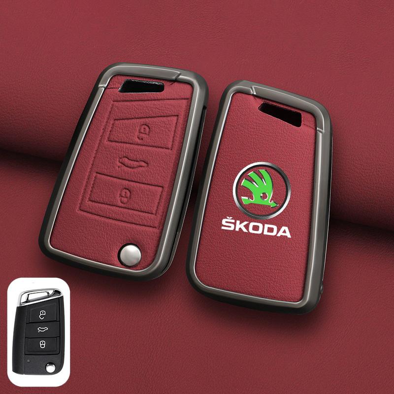 XOWS7 Zinc Alloy Leather Car Remote Key Case Cover Protector Shell Fob For Skoda Superb A7 Kodiaq Octavia A7 A8 Keychain Accessories