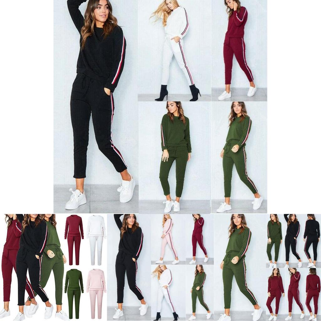 Women's 2 Pcs/set Tracksuits Comfy Striped Loungewear With O-neck And Drawstring