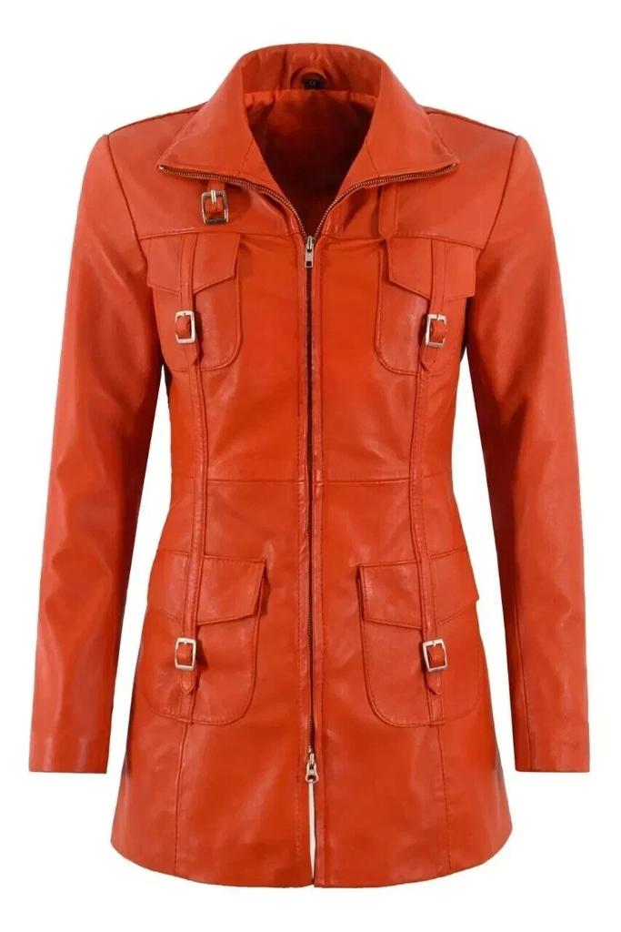 Genuine Stylish Casual Women Trench Coat Orange Handmade Leather Lambskin