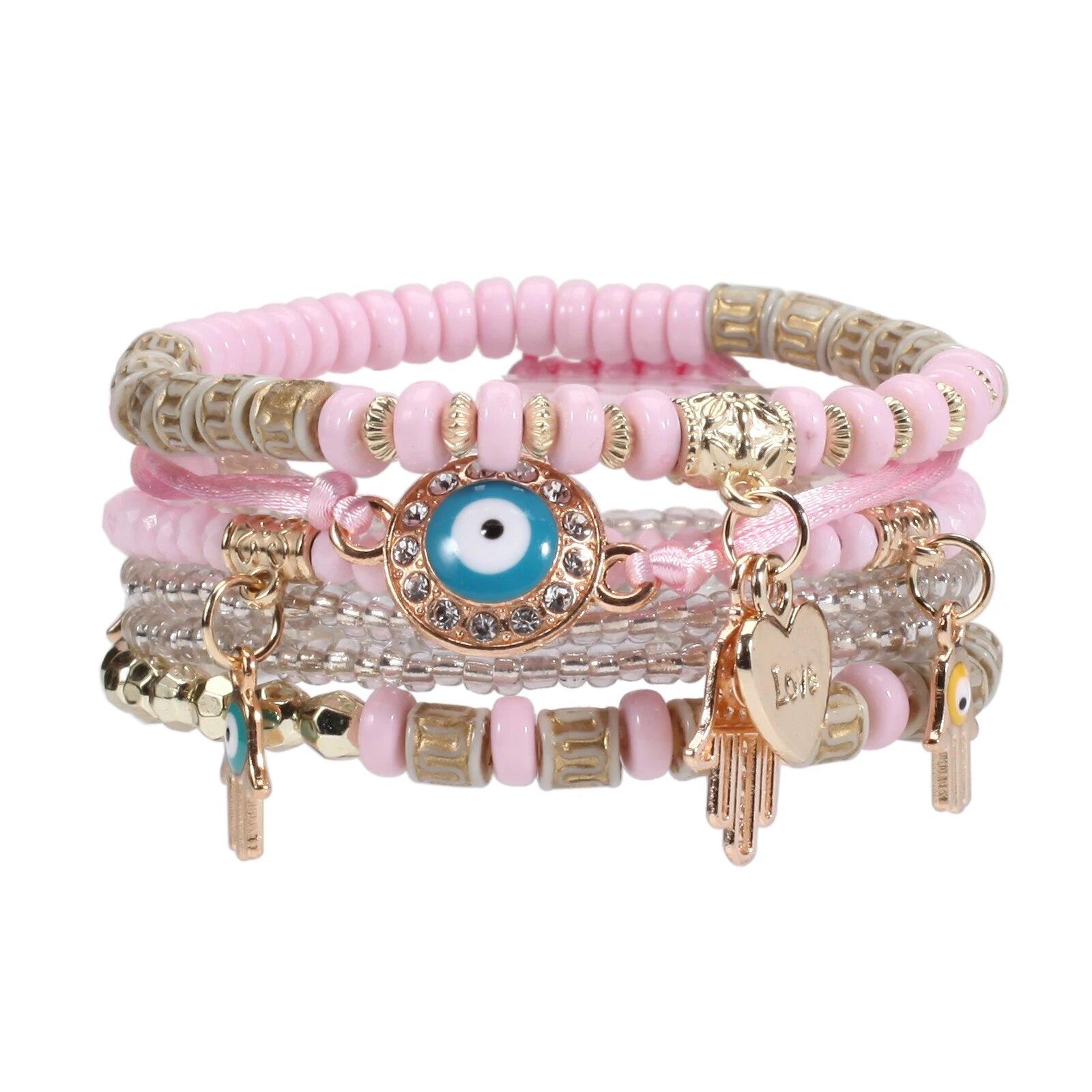 

Штабелируемые женские браслеты с большими глазами, многослойный эластичный браслет из бисера BohemianEvil в стиле хиппи розовый