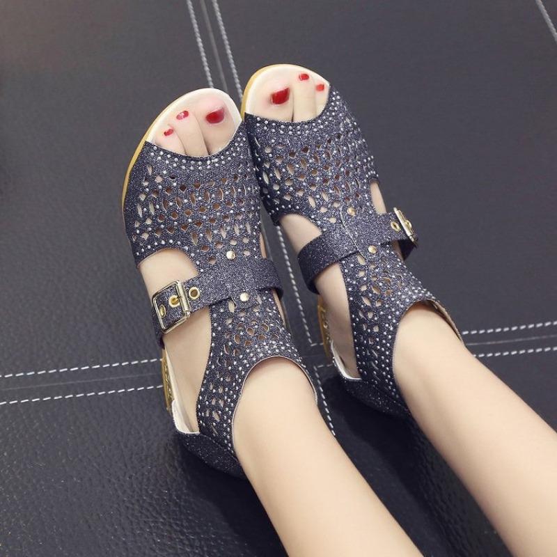 

Summer large size open-toed rhinestone wedge heel women s sandals new flat-bottomed hollow sandals women 43