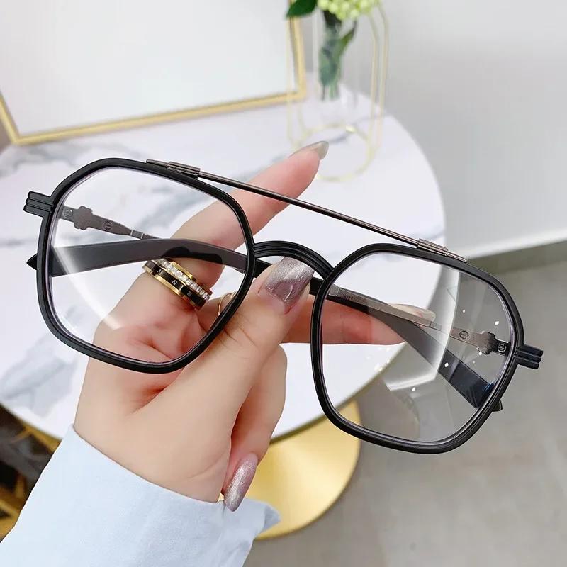 Women Trend Retro Plain Face Myopia Eyewear Fashion Double Beam Metal Glasses Men Blue Light Blocking Eye Protection Eyeglasses