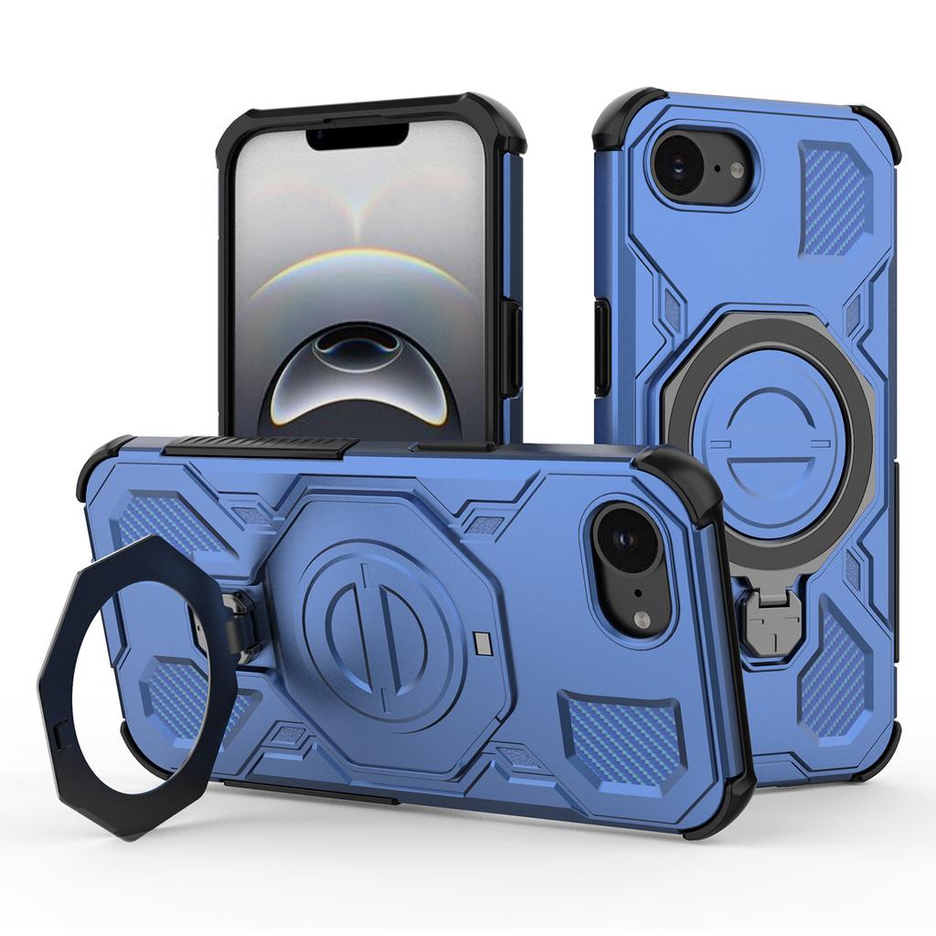 For iPhone 16e Magnetic Case Rotating Metal Kickstand Shockproof PC+TPU Phone Back Cover