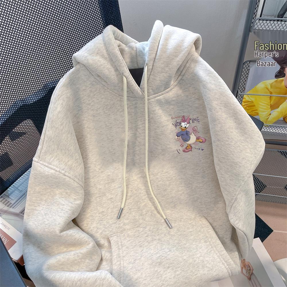 Women's Plus Size Gray Donald Duck Hoodie - American Style, Silver Fox Velvet, Thickened for Autumn Winter.