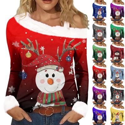 Women's Casual Fashion Sexy Off-Shoulder Collar Christmas Pattern Long Sleeve Crewneck T-Shirt Top